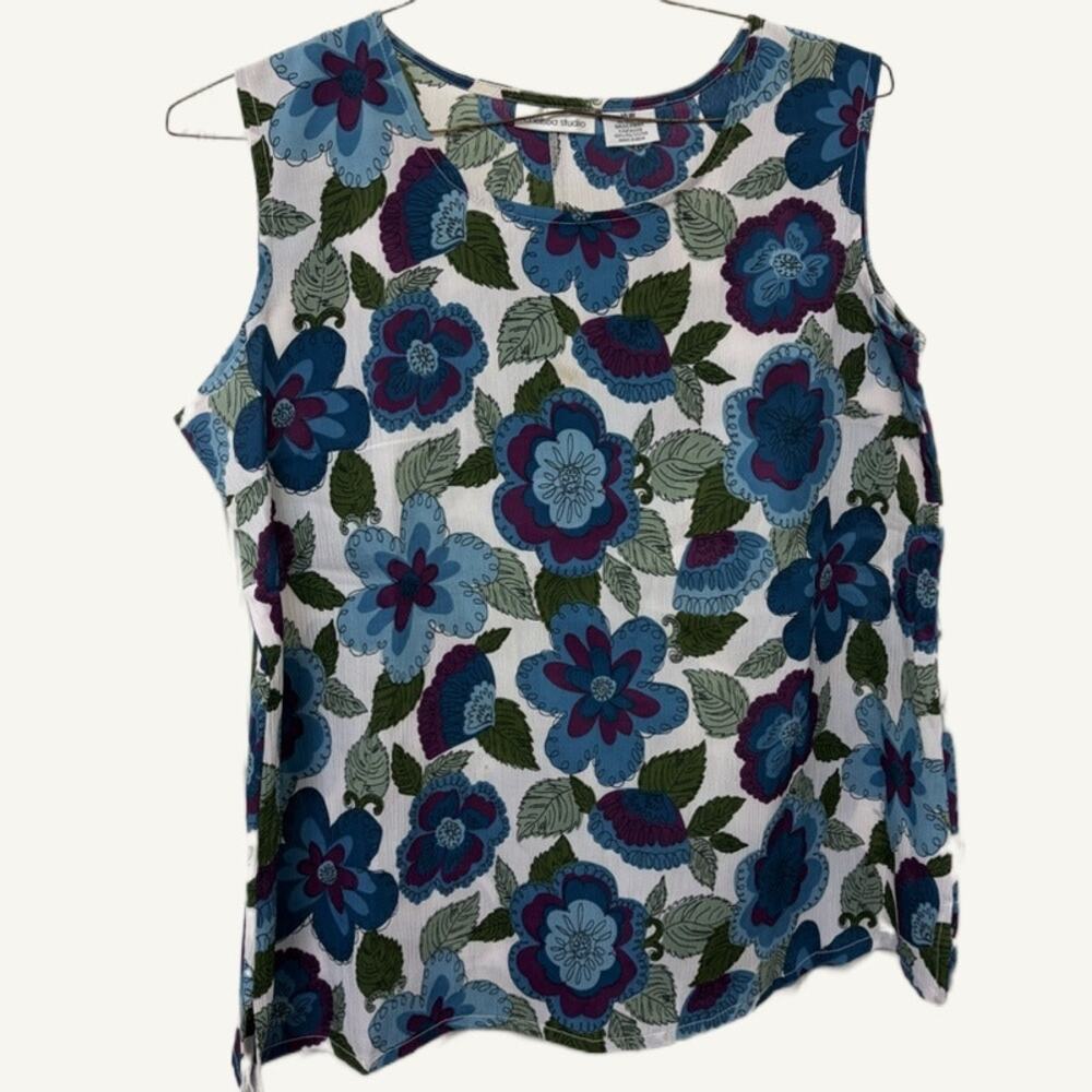 Chelsea Studio Floral Sheer Tank Top 14W - White & Blue Plus Size
